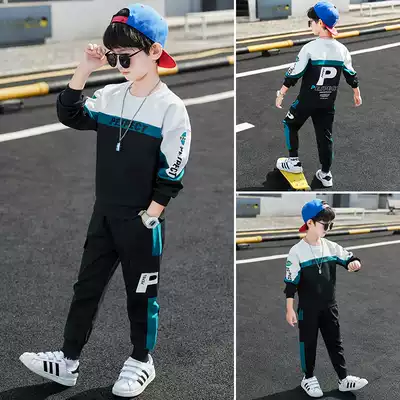 Boys ' autumn suit 2021 new middle and large children's stitching thick T-shirt two-piece Western style sports boys spring and autumn tide