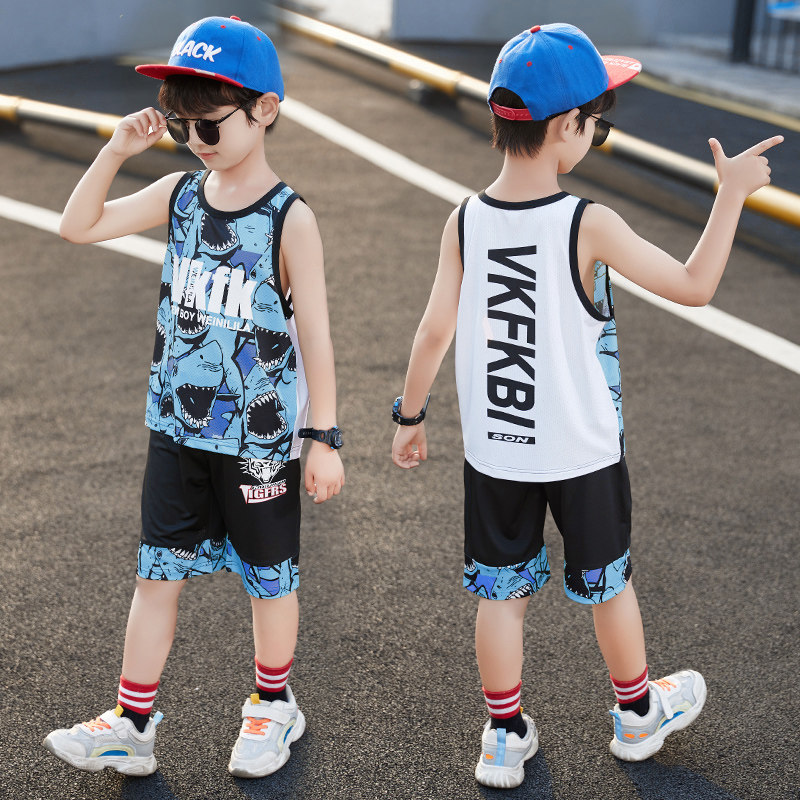 Boy boy summer clothing vest shorts sleeveless suit 2022 new summer children suit foreign pie speed dry Korean version wave