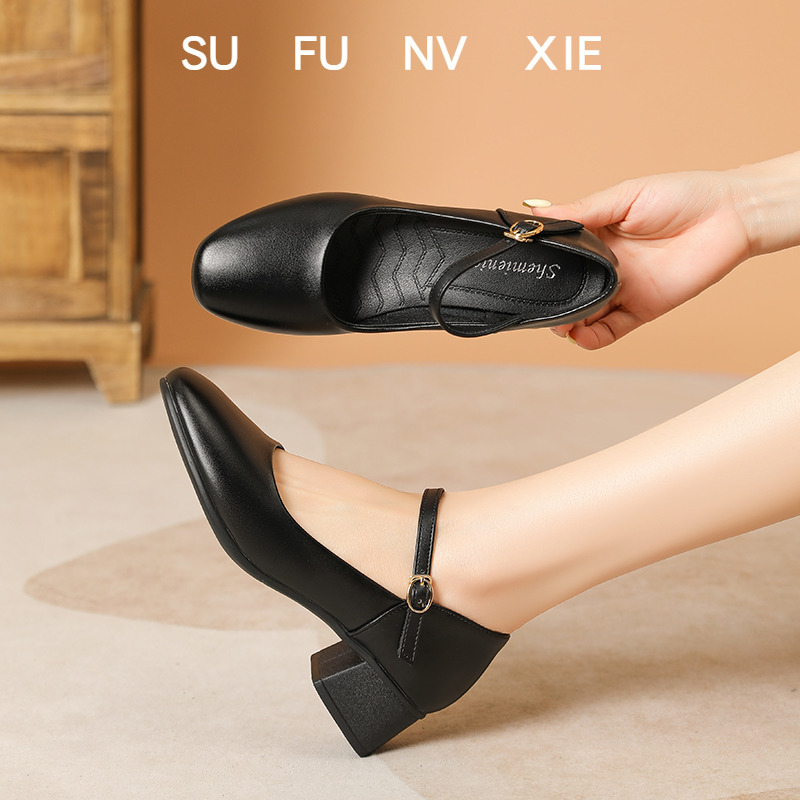 Genuine Leather Version! Soft-Soled, Chunky-Heeled, Square-Toe Work Shoes for Women, Black Formal Shoes, Leather Shoes, Single Shoes, Women's Shoes