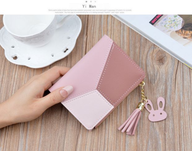 2019 phụ nữ mới ví ngắn khâu màu tương phản ví ngắn dây kéo tua rua nhiều thẻ đổi xu túi - Ví tiền ví cầm tay nữ