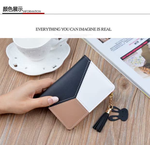2019 phụ nữ mới ví ngắn khâu màu tương phản ví ngắn dây kéo tua rua nhiều thẻ đổi xu túi - Ví tiền ví cầm tay nữ