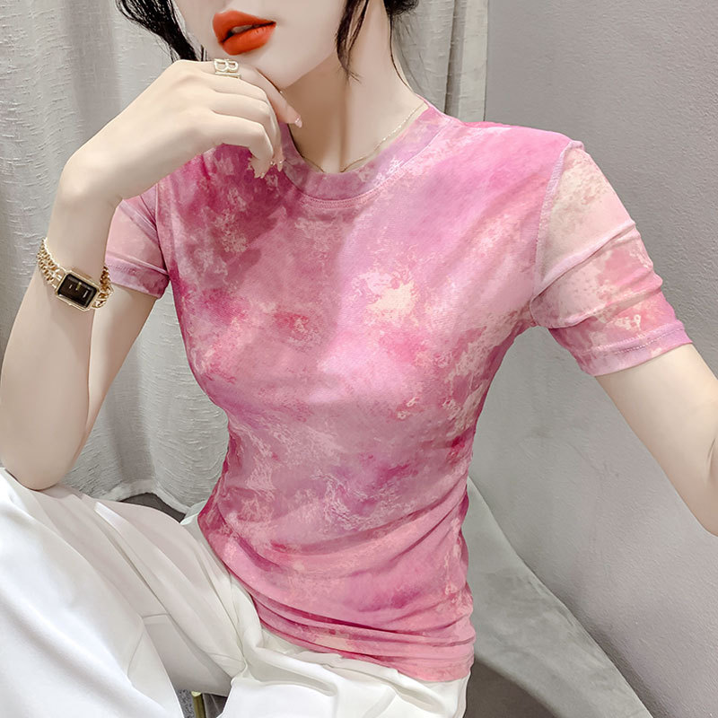 Age-Reducing Printed Mesh Short-Sleeved T-Shirt for Women, Summer Slim Fit, Stylish and Versatile, Elegant Base Shirt Top