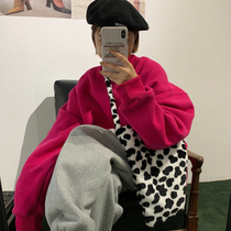 Halogenated lulu solid color velvet sweater women loose Korean version high collar thick rose red medium-long retro jacket autumn