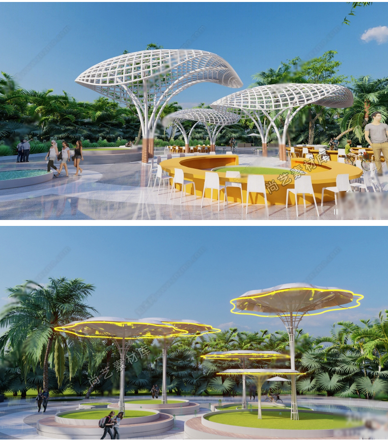 图片[10]-花瓣主题构架艺术装置SU模型树叶户外廊架休息区创意座椅草图大师-cg男孩