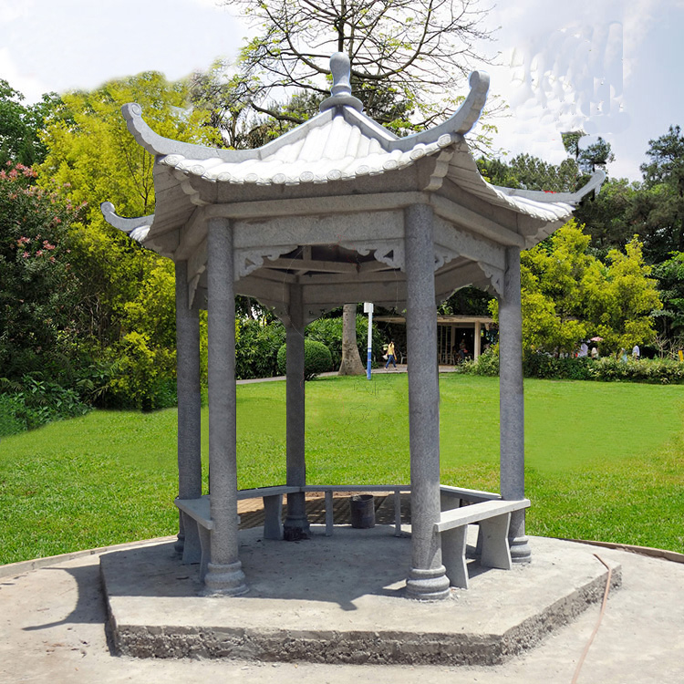 Natural stone carved pavilions outdoor stone pavilions Granite Pavilions Hexagonal Garden Pendulum with late Xia red engraving