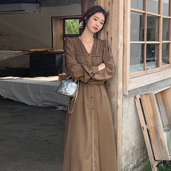 Concubine dress women's spring and autumn clothes 2023 new style long-sleeved temperament waist V-neck slim slim unique long skirt