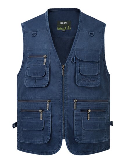 马甲男士春秋季薄款中老年纯棉大码多口袋外套牛仔背心爸爸装坎肩