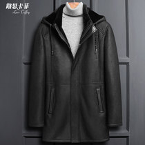 The new original ecological fur one-piece mens leather leather Haining mens medium-long hooded fur coat thick coat