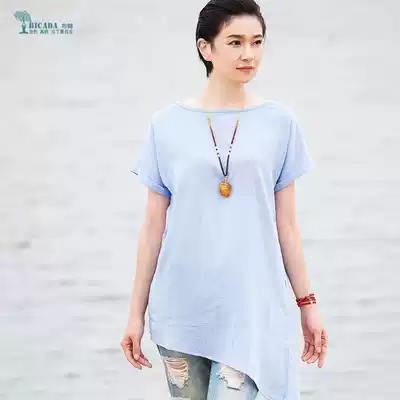 Original cotton cotton crepe summer short sleeve Zen asymmetric T-shirt round neck short sleeve literary loose shirt