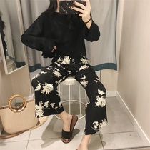 Pregnant womens wide-legged belly pants womens retro loose high-waisted trousers holiday style printed casual pants trend