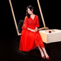 Toast dress bride 2021 new temperament high-waisted Korean style back door red evening dress thin high-waisted medium-long section