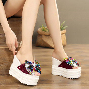 2019 summer new women's slippers bow waterproof platform fish mouth sandals and slippers wear high heels sandals wedge heels