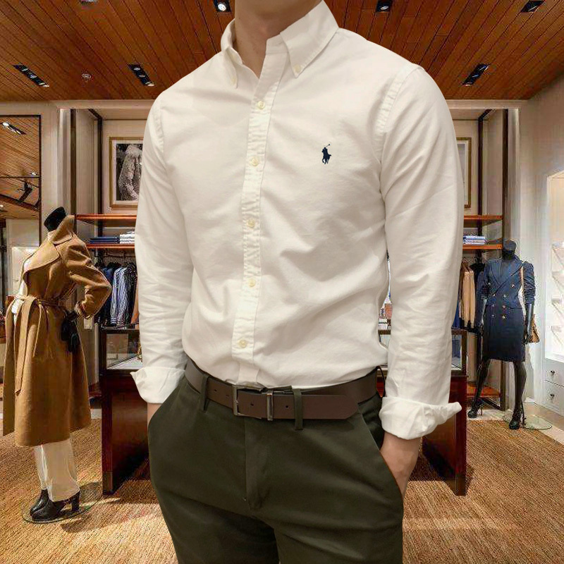 Autumn and Winter American Style Paul Men's Long-Sleeved Shirt Polo Pony Logo Casual Pure Cotton White Shirt Oxford Fabric