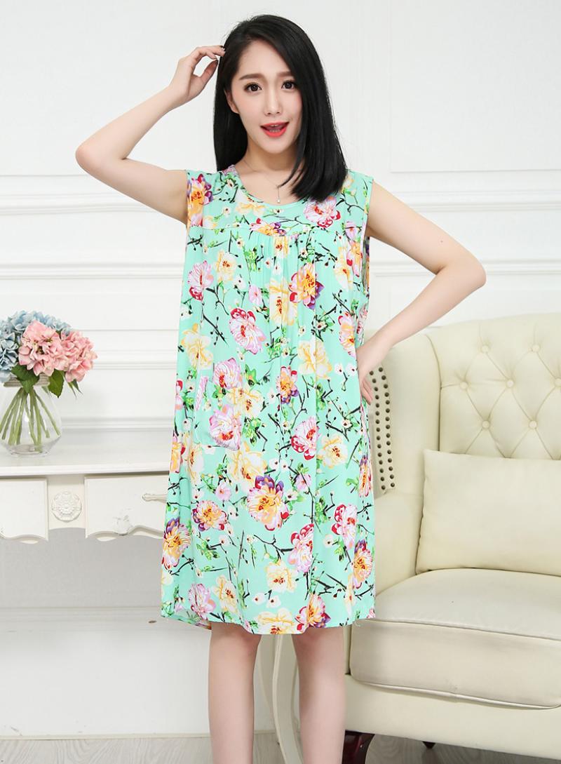 Mùa hè bông nhân tạo nightdress phụ nữ ăn mặc bông lụa đồ ngủ trung niên không tay bông xl mỏng nightdress