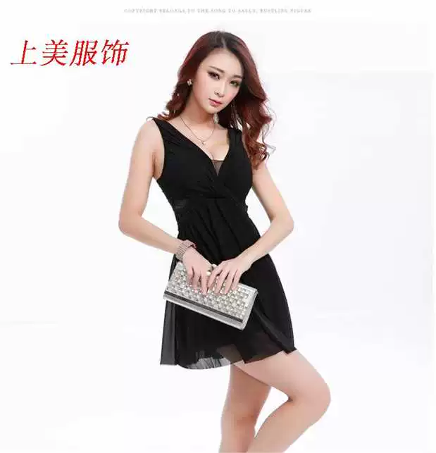 Váy ngủ gợi cảm mùa hè không tay hộp đêm của phụ nữ Váy chữ A cổ chữ V cắt thấp đu lớn khách sạn KTV sling váy cỡ lớn - A-Line Váy váy đầm