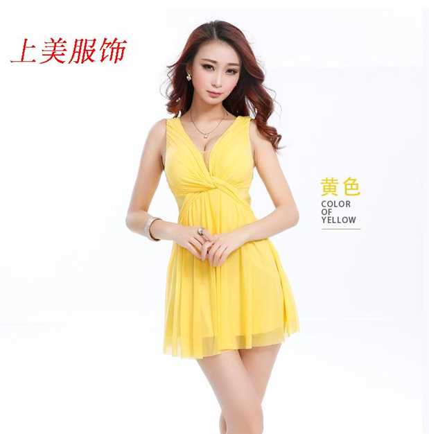 Váy ngủ gợi cảm mùa hè không tay hộp đêm của phụ nữ Váy chữ A cổ chữ V cắt thấp đu lớn khách sạn KTV sling váy cỡ lớn - A-Line Váy mẫu váy nhung xòe