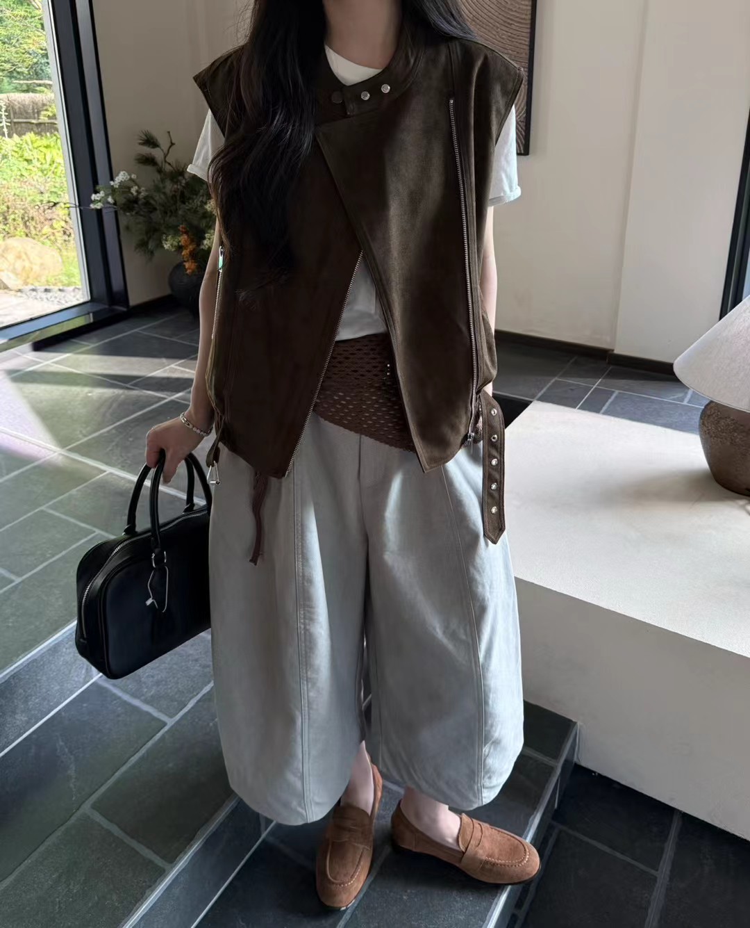 레트로 오토바이 바람 스탠드 칼라 지퍼 조끼 여자 2026 가을 캐주얼 민소매 스웨이드 조끼 재킷 상세 이미지 11