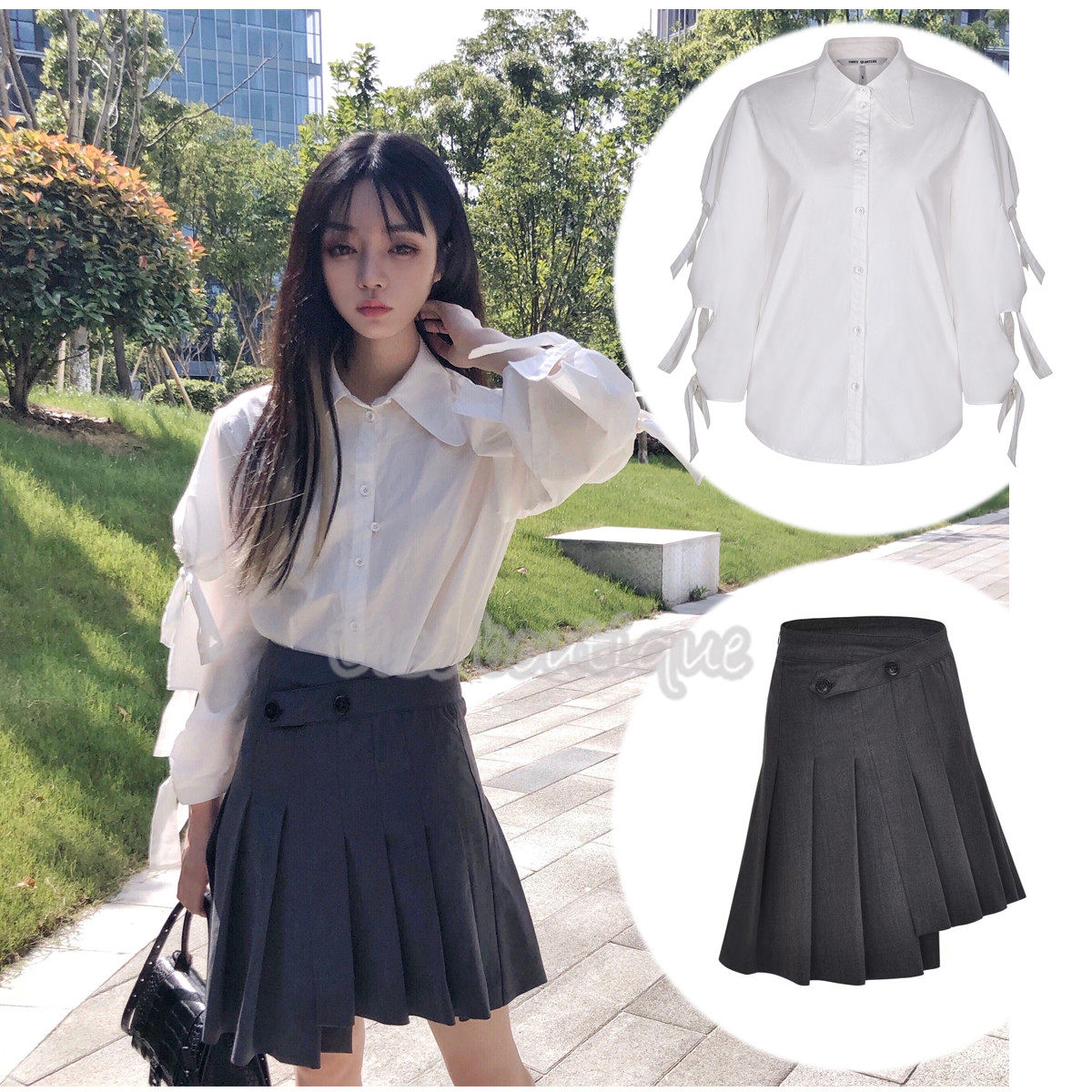Three Quarters Collar White Nine-point Sleeve Bow Shirt Misplaced Irregular Pleated Skirt 2020 Summer