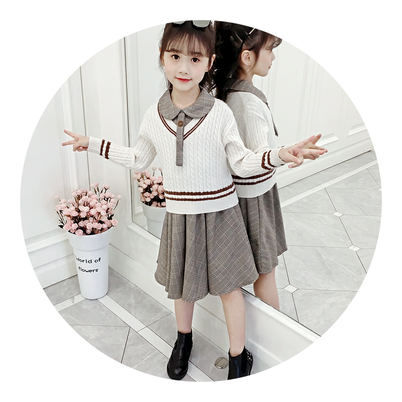 Korean version of girls' college style vest skirt two-piece autumn and winter new middle-aged children's Western style knitted sweater suit