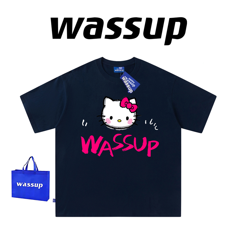Wassup Round Neck Short-Sleeved Unisex Cartoon Hello Kitty Cat T-Shirt Couple Pure Cotton Loose Half-Sleeve Top Summer