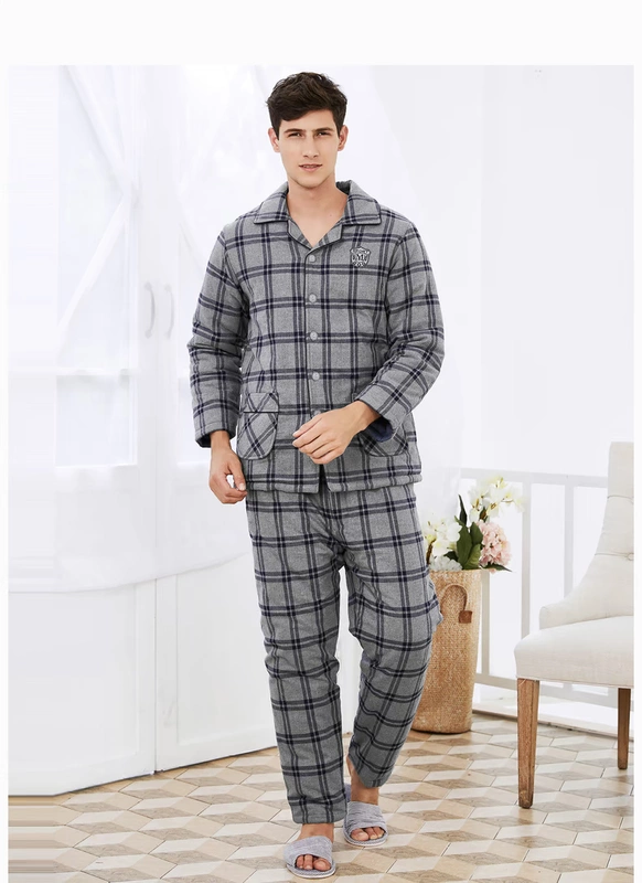 Mỹ tiêu chuẩn mùa thu và mùa đông mới dày áo bông dài tay nam đồ ngủ đơn giản lưới ấm dịch vụ nhà có thể được mặc bên ngoài phù hợp