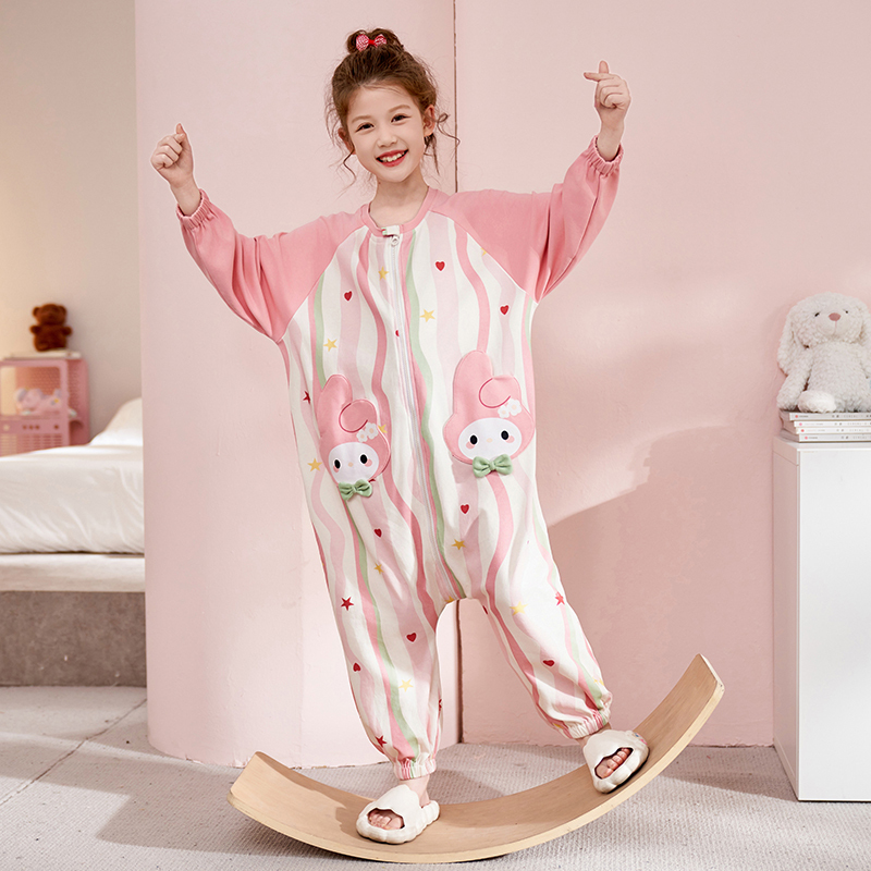 Melody Children's Sleeping Bag for Girls, Spring and Autumn Pure Cotton, Cute Cartoon Long-Sleeved Autumn and Winter Anti-Kick Sleeping Bag Onesie for Baby Girls