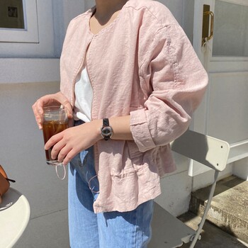 ແມ່ຍິງເກົາຫຼີຊາຍລ້າງ linen ຄໍຮອບ zipper ວ່າງພາກຮຽນ spring ແລະ summer ເປືອກຫຸ້ມນອກບາງໆປ້ອງກັນແສງແດດ windbreaker ເຢັນ dopamine f67