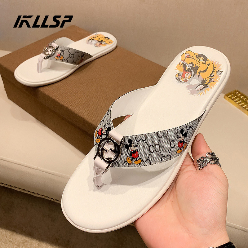 Herringbone drag male summer outwear 2022 new Euro goods light and luxurious Mickey Trendy Genuine Leather Slippers Clip Sandals