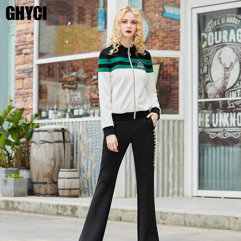 Ghyci Genuine European and American Style New Fashion Sequin Color-Blocking Stand Collar Long-Sleeve Jacket High-Waisted Casual Pants
