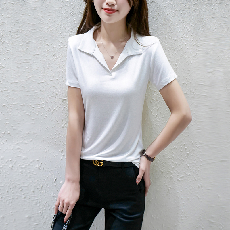 Cool feeling, no ironing, no deformation, thin ribbed polo shirt, lapel t-shirt, v-neck short-sleeved top, all-match slim fit in spring and summer