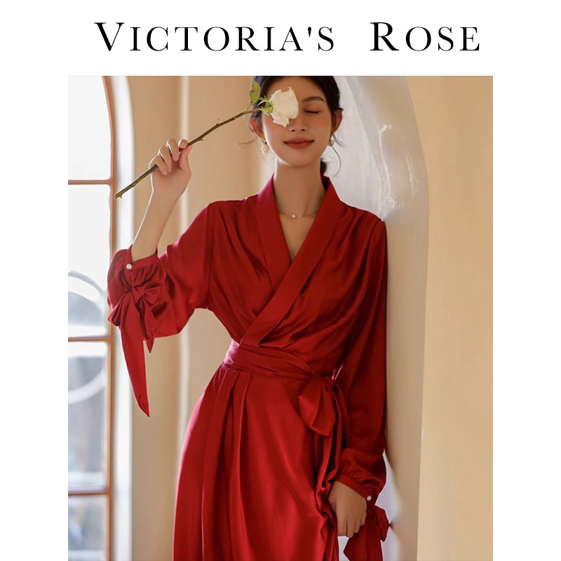 Victoria High-End New Chinese Style Mid-Length Pajamas for Women Wedding Bride Silk Dressing Gown Robe Dress