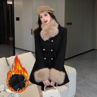 冬季气质法式气质小香风毛毛领纯色双排扣收腰加厚毛呢外套连衣裙