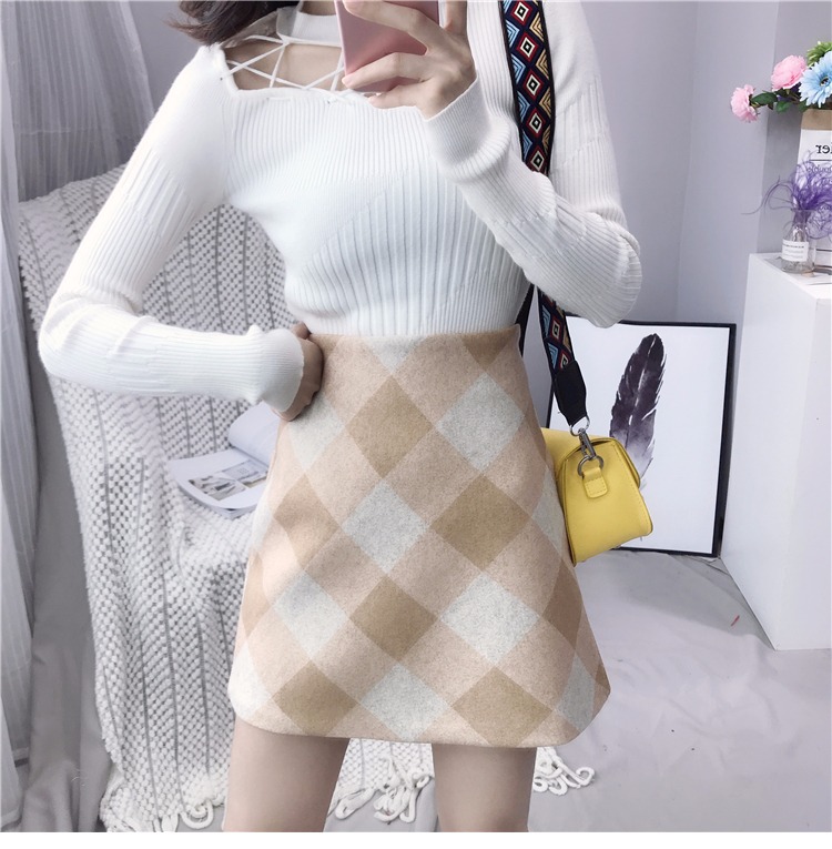 Phiên bản Hàn Quốc của eo cao sang trọng váy len lưới mùa thu đông nữ 2018 mới bước Một váy chữ in ngắn váy hoang dã chân váy nhung xếp ly