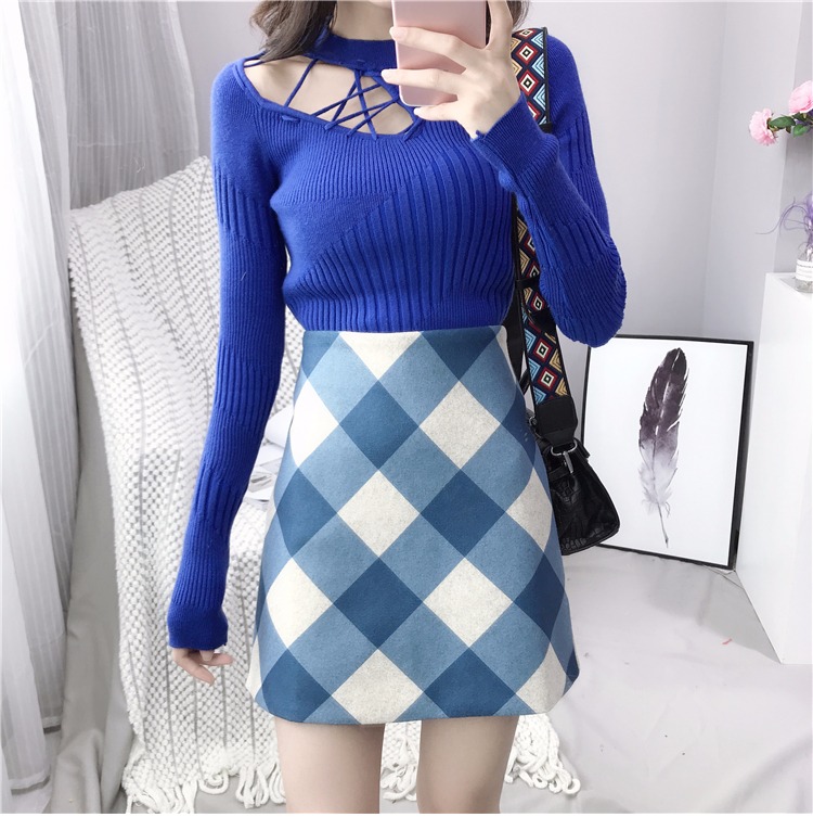 Phiên bản Hàn Quốc của eo cao sang trọng váy len lưới mùa thu đông nữ 2018 mới bước Một váy chữ in ngắn váy hoang dã chân váy nhung xếp ly