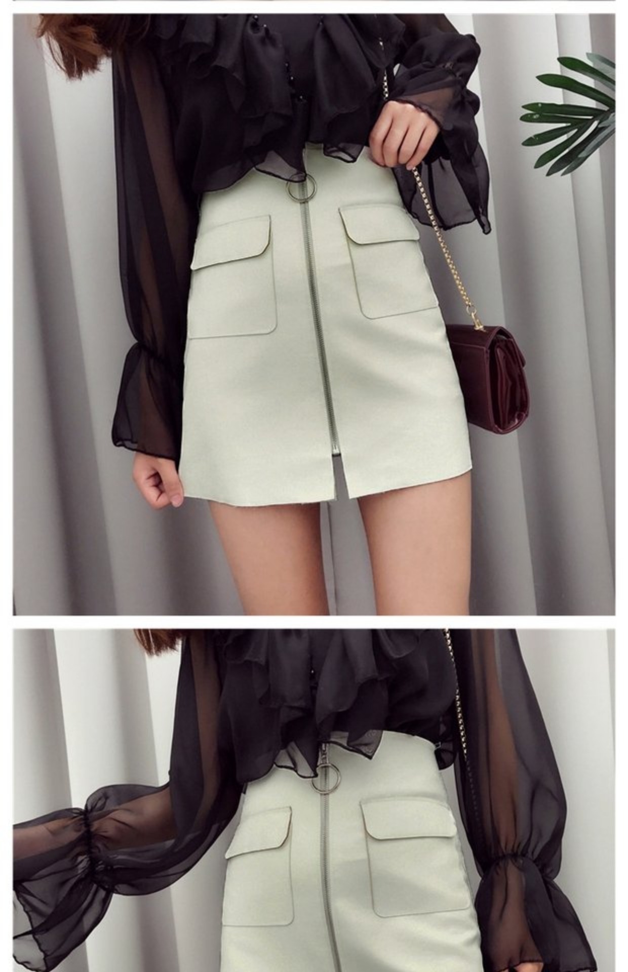 Mùa xuân mới nữ 2018 cao eo là gói mỏng hip Một từ váy đôi pocket zipper PU da váy váy váy ngắn chân váy xòe dài