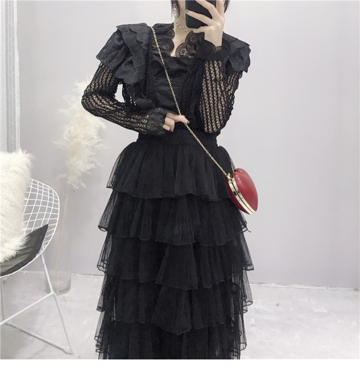 Váy lưới nữ váy mùa thu 2018 mới hoang dã chic chic mùa thu dịu dàng nhẹ nhàng chân váy ôm