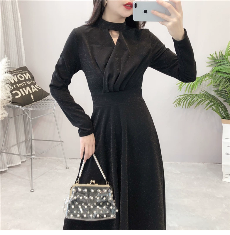 Váy dài quá gối Pháp mùa thu 2018 mới khí chất nữ tính eo thắt lưng đỏ váy xòe rộng đầm maxi đẹp