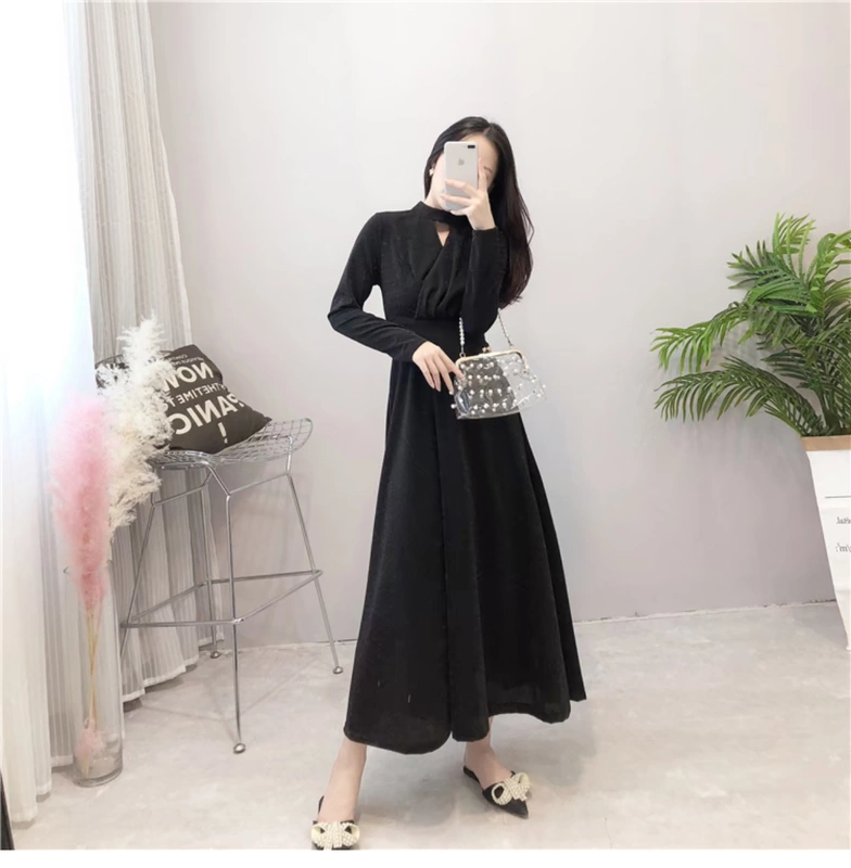 Váy dài quá gối Pháp mùa thu 2018 mới khí chất nữ tính eo thắt lưng đỏ váy xòe rộng đầm maxi đẹp