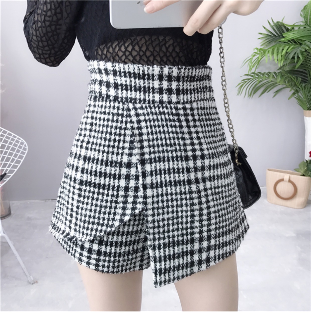 Phiên bản Hàn Quốc của quần short len ​​houndstooth nữ mùa thu đông 2018 mới hoang dã không thường xuyên mặc quần cạp cao quần lọt khe quần short jean nữ giá rẻ