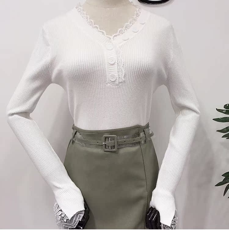 Áo len nữ cổ chữ V có hương vị Hồng Kông tay dài mùa thu 2018 mới phần mỏng mùa thu và áo sơ mi ren bên hông cardigan nữ