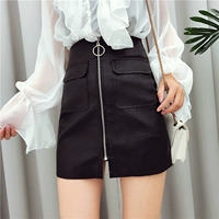 Mùa xuân mới nữ 2018 cao eo là gói mỏng hip Một từ váy đôi pocket zipper PU da váy váy váy ngắn chân váy suông dài