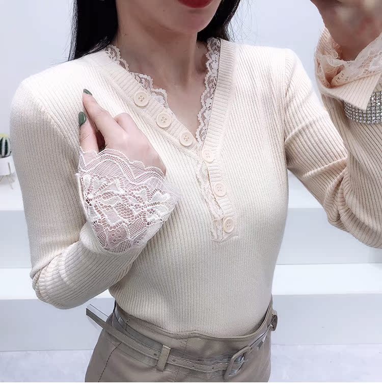 Áo len nữ cổ chữ V có hương vị Hồng Kông tay dài mùa thu 2018 mới phần mỏng mùa thu và áo sơ mi ren bên hông cardigan nữ