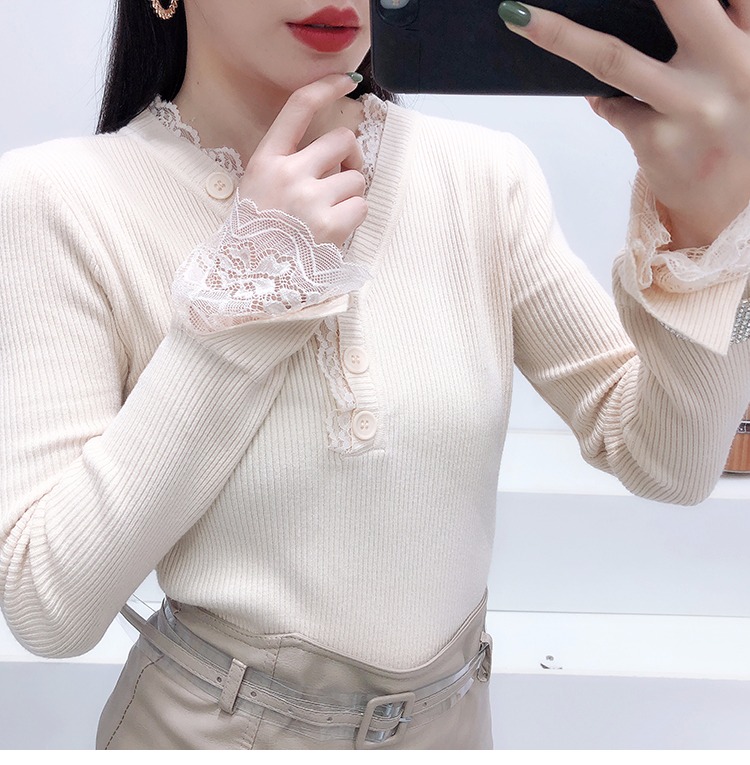 Áo len nữ cổ chữ V có hương vị Hồng Kông tay dài mùa thu 2018 mới phần mỏng mùa thu và áo sơ mi ren bên hông cardigan nữ