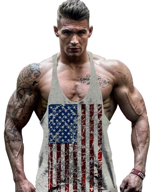 Áo tập thể dục GYM áo thun thể thao thấm mồ hôi Cờ Mỹ rách cơ cotton Áo sơ mi nam Âu và Mỹ tank top