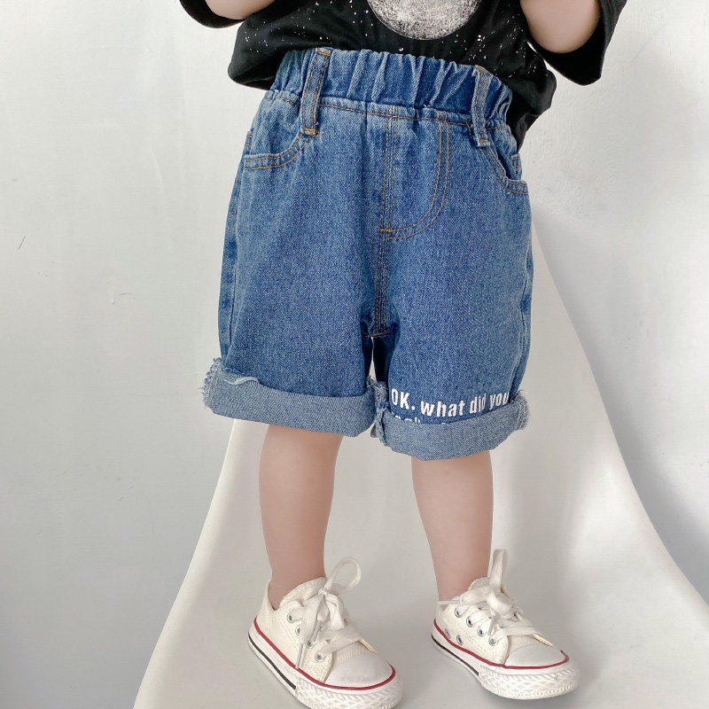 Men's baby denim shorts Summer boys thin Korean letter baby five-point pants Children's beach pants Children's five-point pants