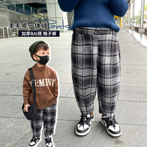 Boy Thickened Pants 2021 Autumn Winter Style Children Clothes Children Plus Suede Plaid Pants Baby Integrated Suede Straight Drum Radish Pants