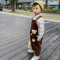 Male baby back with pants winter thickened baby light core suede braces cotton pants cute foreign air and baby pants external to wear damp