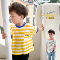 Boy short sleeve T-shirt pure cotton summer dress Childrens thin Breathable Bamboo cotton blouse Childrens baby Summer Stripes T tide