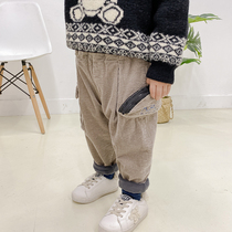 Boy Strips Suede Pants Winter Korean Version Foreign Air Children Outwear Plus Suede Pants Baby Thickened lamp Core velvet Pants Tide