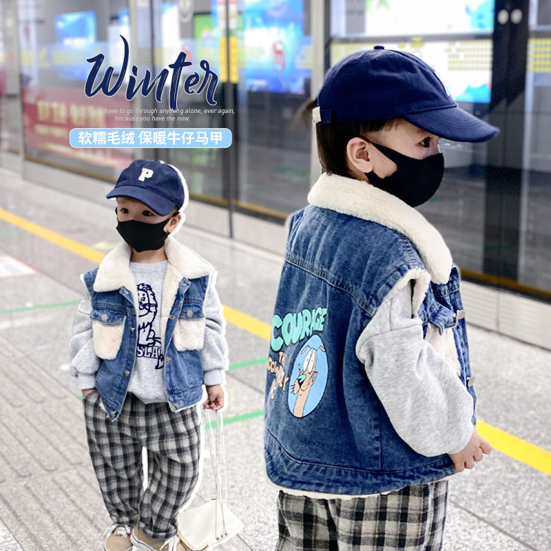 Boy Autumn Winter Dress Denim Machia Child Plus Suede Thickened Foreign Pie Cartoon Print Outside Wearing Male Baby Fall Jacket